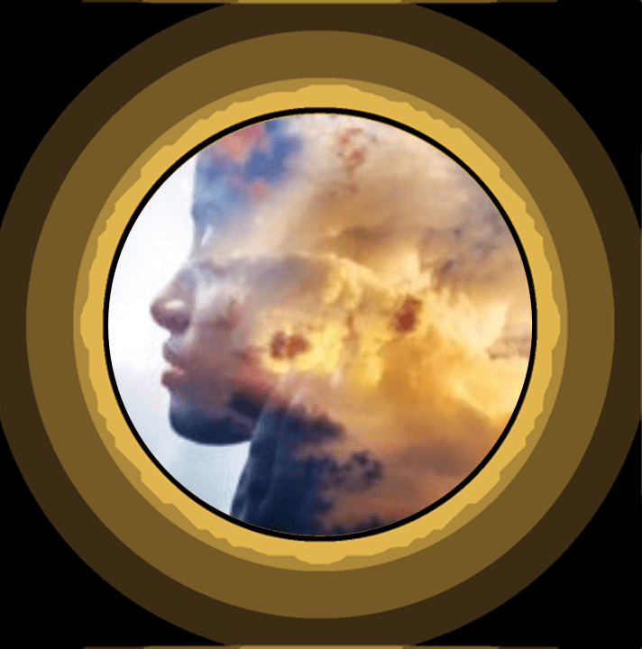 A picture of the face and head in a circular frame.