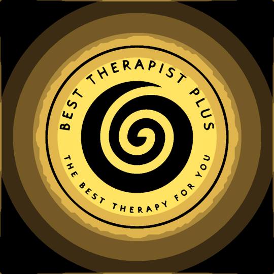 A yellow and black logo for the best therapist plus.